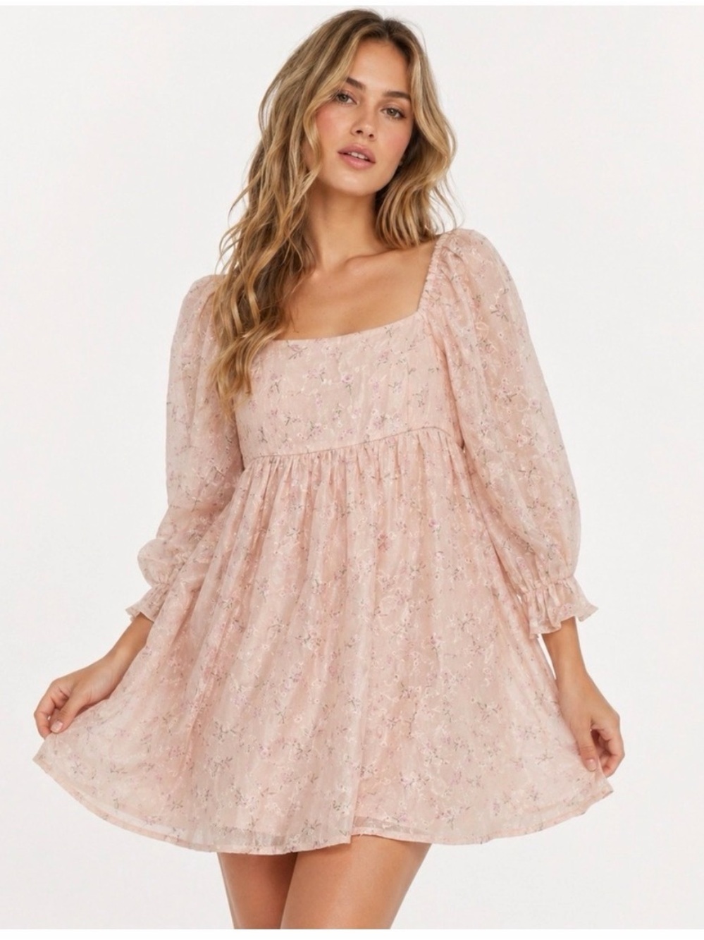 Thirty Thirty Pink Coquette Fairy Square-Neck Floral Babydoll Mini Dress Small - Picture 1 of 14